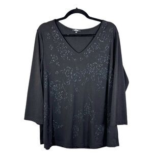 Educe Black Beaded Embellished Floral 3/4 Sleeve Blouse Women's Size 2X